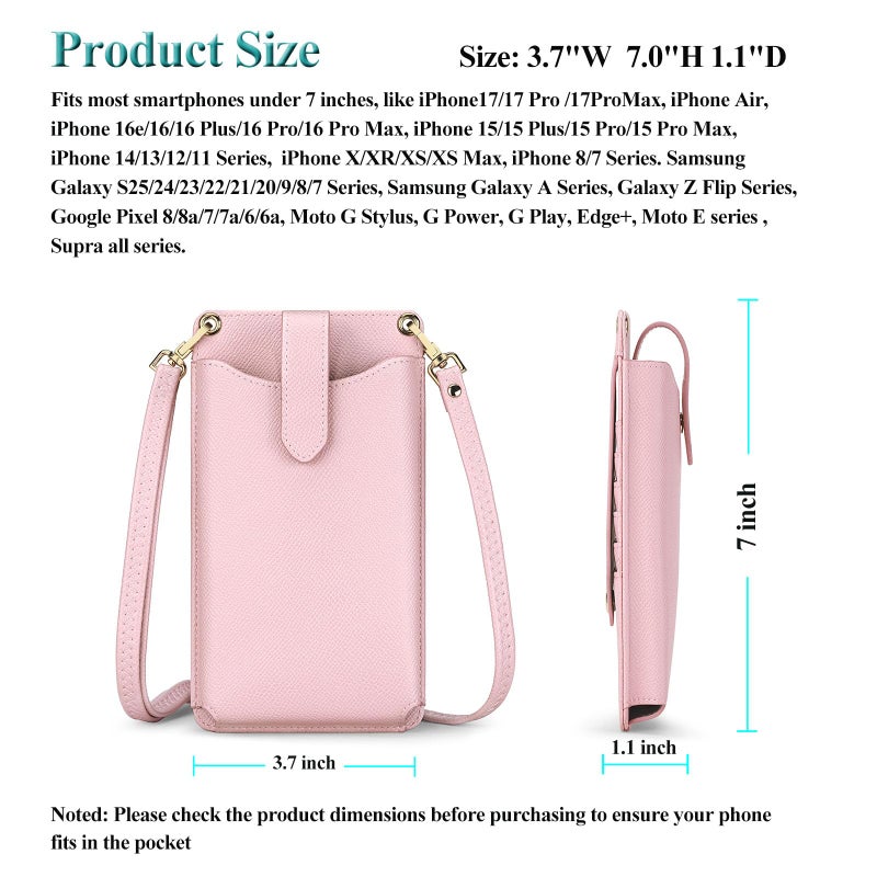 Peacocktion Pink Mini Cross Body Bag for Woman, RFID Cell Phone Leather Purse Crossbody with Card Slot, Trendy Card Holder Wallet - Image 5